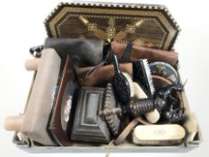 A parquetry inlaid serving tray, carved hardwood animals, brushes, sarcophagus jewellery box,