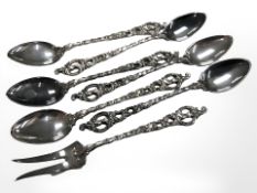 A set of five Norwegian sterling silver tea spoons and a further fork.