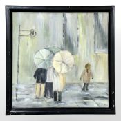 Danish School : Figures in a street with umbrellas, oil on canvas,