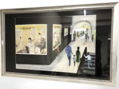 P Carr (contemporary) A shopping arcade with Curly's Hair Salon, mixed media,