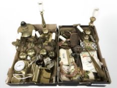 A group of brass wall sconces, lamp bases, barometer, other metalwares, bell pull cords, etc.