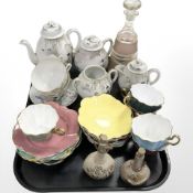 A Japanese eggshell porcelain part tea set, two further earthenware scent bottles,
