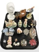 Various ceramics including John Beswick figure of an owl, further animal figurines, money bank,