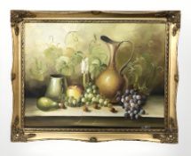 Gilbert (20th century) : Still life of ewer, candle and fruit, oil on canvas, 44 cm x 60 cm.