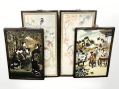 A pair of oriental reverse paintings on glass depicting geisha in traditional dress,