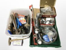 A quantity of vintage hand tools, hard ware, sharpening stone, chrome light fitting, spirit level,