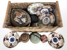 Oriental wares including Imari plates, twin handled porcelain tureen, earthenware tea pot,