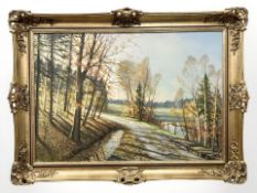 H V Sorensen : Waves crashing against a shore, oil on canvas,