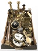 Metal wares including pair of brass candlesticks, brass fire hose nozzle, correspondence rack, keys,