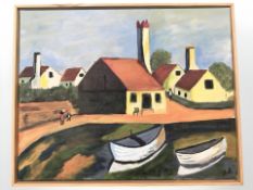 Ingelise Olsen : A town with figures, oil on canvas,