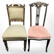 An inlaid Victorian salon chair and a further carved oak occasional chair