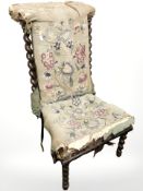 A Victorian oak barley twist occasional chair in tapestry fabric (as found).