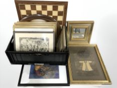 A group of pictures, prints and mirrors, wooden chess board, etc.