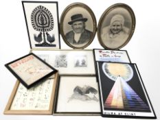 A group of pictures and prints, monochrome engravings, pair of gilt framed portrait prints, etc.