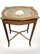 A late Victorian mahogany and satinwood inlaid bijouterie table, 52 cm x 41 cm x 77 cm.