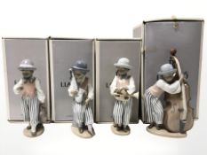 Four Lladro jazz band figures comprising of Jazz Sax, Jazz Horn, Jazz Clarinet and Jazz Bass,