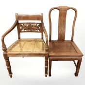 A cane seated open armchair and Chinese hardwood chair.