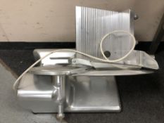 A Bizerba commercial stainless steel slicer.