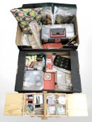 A pine concertina sewing box, spools of ribbon, work box containing spools of thread, buttons,