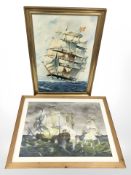 R Shaw (20th century) : A ship at full sail, oil on canvas, 76 cm x 50 cm, signed and dated '79,