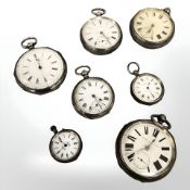 Seven silver pocket watches including heavy fusée and chronograph example.