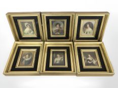 Six gilt framed portrait prints depicting figures in early 19th century dress,