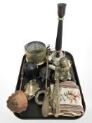 Gilt metal mounted lamp base, further brass wares including figure of Buddha, bottle stand,