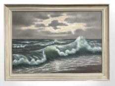 H V Sorensen : Waves at sunset, oil on canvas, 96 cm x 67 cm.