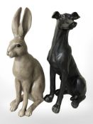 A modern composition figure of a whippet and a further of a hare,