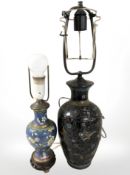 Two Chinese cloissone lamp bases, tallest 54 cm including fitting.