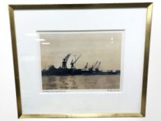 Continental School : View of a port, colour print, indistinctly signed in pencil, 21 cm x 30 cm.