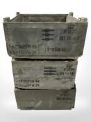 Three vintage Danish military painted pine ammunition crates, width 40 cm.