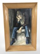 Williams (20th century) : portrait of a solum man sat on a step, oil on daler board,