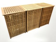 Three teak lattice laundry hampers,