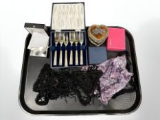 A group of antique jet items (af), silver plated cake forks,