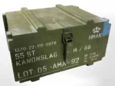 A vintage Danish military painted pine ammunition crate, width 44 cm.