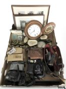 Pentax cameras, clocks, horse brasses, cine camera, framed oil paintings of Parisian street scenes,
