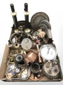 Metalwares including pair of table lamps, brass door furniture, Alfa Romeo car badges, cruet stand,