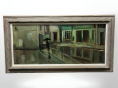 Continental school : Figure with umbrella in a street, oil on canvas,