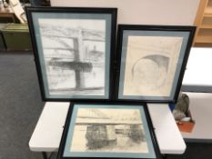 Three pencil sketches of bridges over the Tyne, indistinctly signed, largest 70 cm x 52 cm.