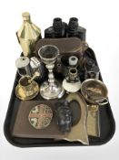 A pair of Optal 7x50 binoculars, a further pair of binoculars, metal wares, table lighters,