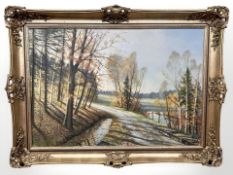 L Wannenberg : Road by a lake, oil on canvas, 95 cm x 65 cm.