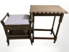 An oak barley twist occasional table and a piano stool
