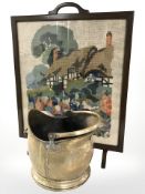 A tapestry fire screen and a Victorian brass coal helmet.