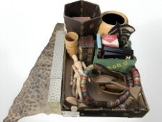 A group of treen, two miniature mannequins, packs of crayons, etc.