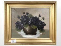 M Juntsen : Still life with flowers in a bowl, oil on canvas, 28 cm x 22 cm.