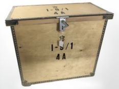 A vintage plywood and metal bound storage chest, width 66 cm.