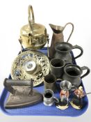 A brass spirit kettle on stand, barometer, pewter tankards, die cast figures of soldiers, etc.