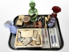 A group of collectibles including pipes, cigar cutter, ball point pens,