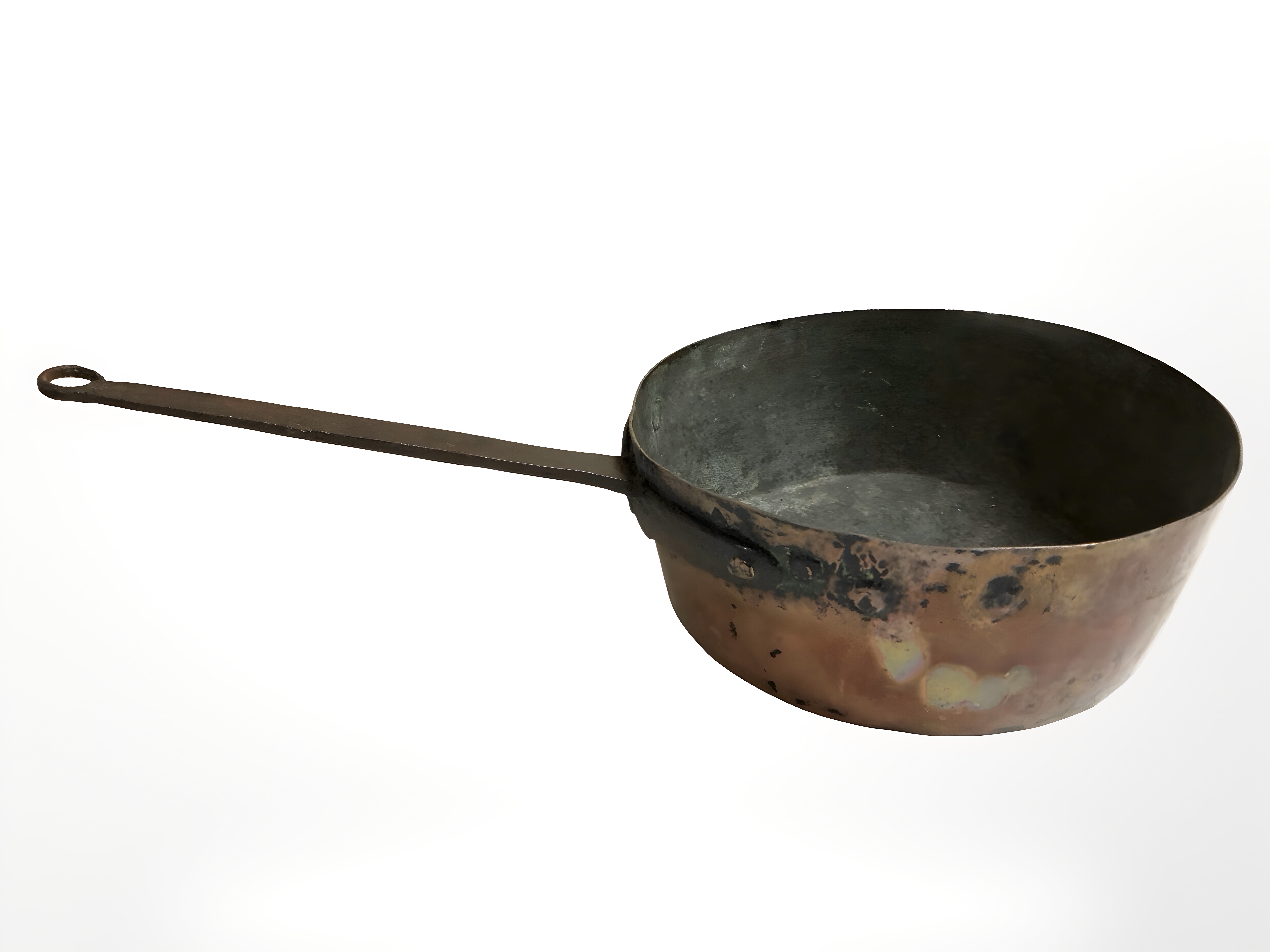 A Victorian brass long handled pan and three further graduated examples.